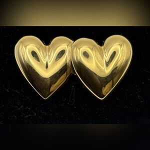 VTG Anne Klein AK Stamped 1.75” Puffy Dual Hearts Shiny Gold-toned Brooch
